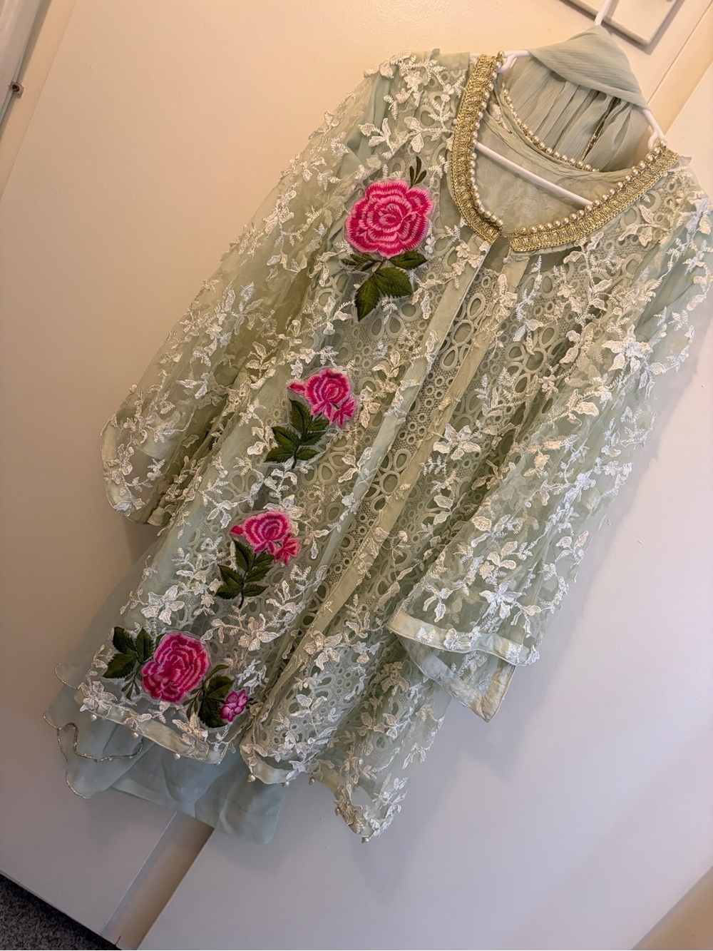 Pakistani Embroidered Floral Lace Overlay Tunic in Sage with Pink Roses dress
